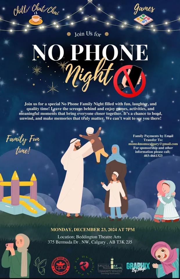 Poster for No Phone Family Night on 23 December 2024 at the Beddington Theatre Arts Centre, with games, chai and a bouncy castle.