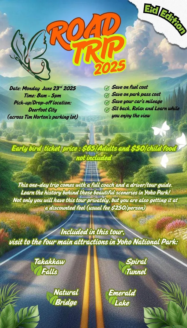 Poster for a day road trip to Yoho National Park on 23 June 2025, travelling by coach from Deerfoot City.